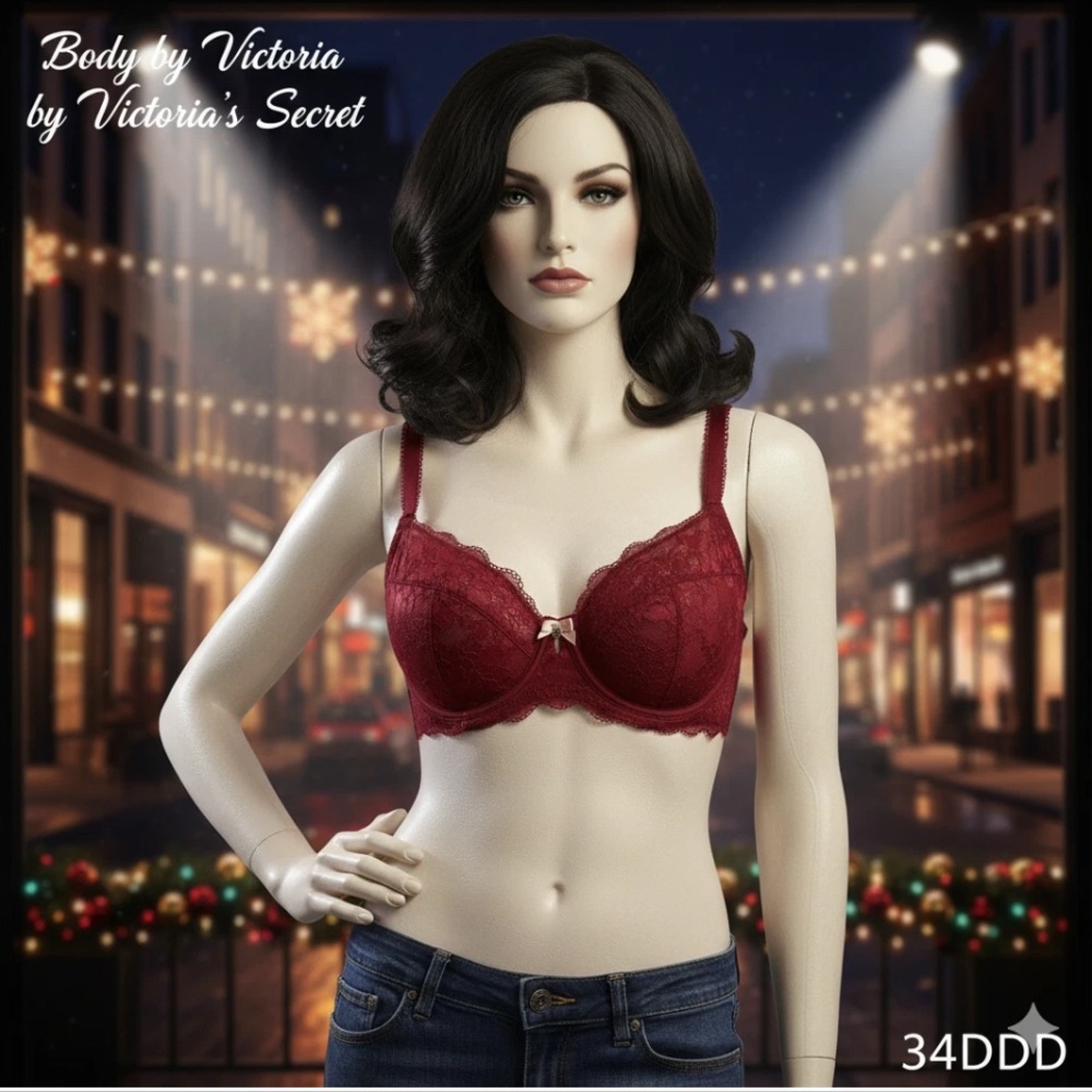 VICTORIA'S SECRET Body by Victoria Unlined Demi Bra 34DDD Red Lace Charm